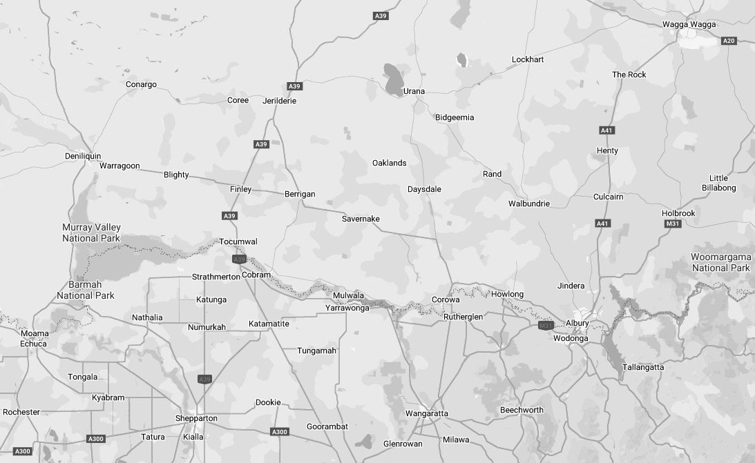 Map of the Get Weighed service area across North East Victoria and Southern NSW, from Echuca and Shepparton to Wagga Wagga, Albury and Wodonga
